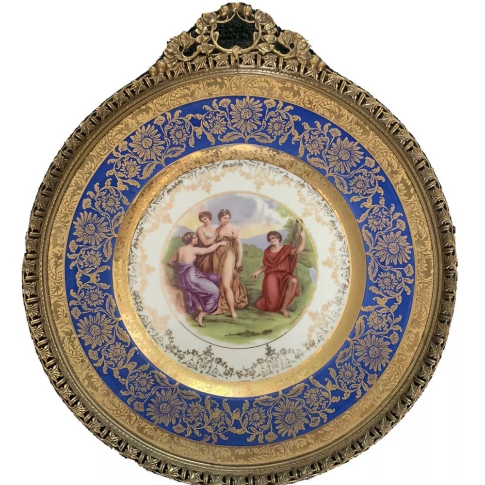 Antique French Edgewood China Framed Ormolu Cabinet Plate - 22 Karat Gold -